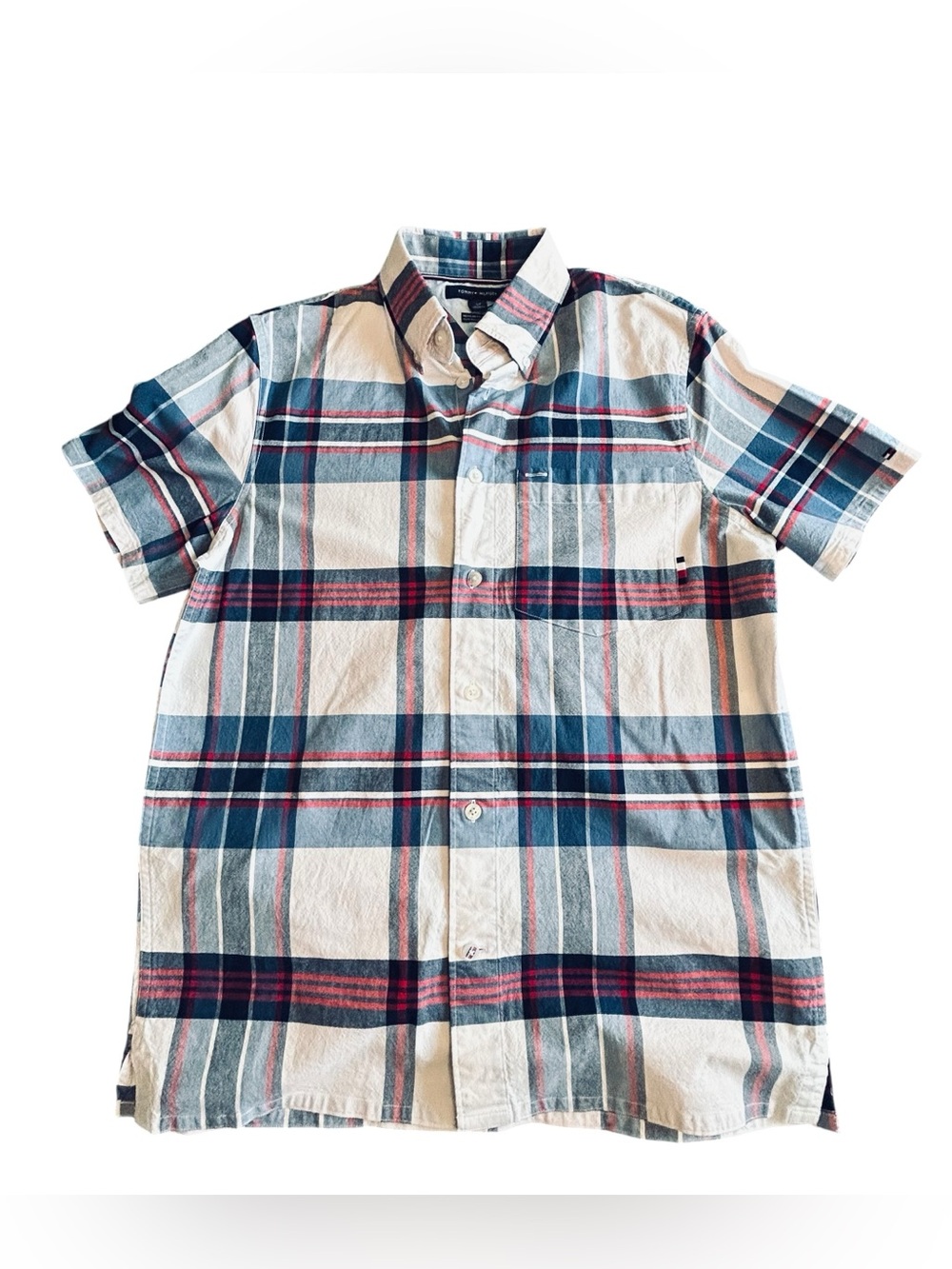 Tommy Hilfiger Short-Sleeve Plaid Button-Down Shirt - White, Blue & Red